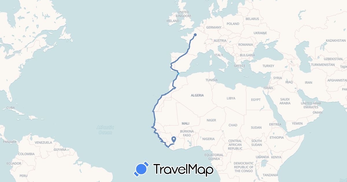 TravelMap itinerary: driving, cycling, boat in Côte d'Ivoire, Spain, France, Gibraltar, Gambia, Guinea, Guinea-Bissau, Liberia, Morocco, Mauritania, Portugal, Sierra Leone, Senegal (Africa, Europe)